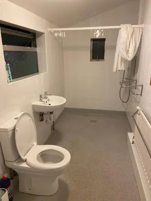 a bathroom with a toilet and a sink at Charming Victoria Conversion Flat in Brentwood with a Garden & Free Parking in Brentwood
