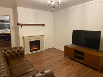 a living room with a couch and a television and a fireplace at Charming Victoria Conversion Flat in Brentwood with a Garden & Free Parking in Brentwood