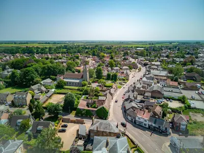 an aerial view of a small town with houses at The Bramley House Hotel in Chatteris