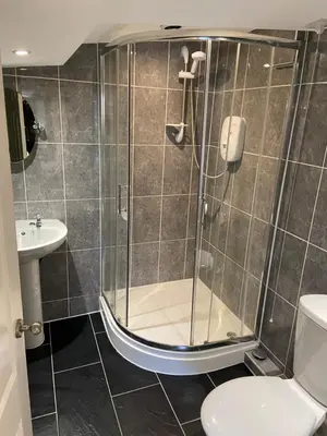 a bathroom with a shower with a toilet and a sink at The Ram Inn in Brandon