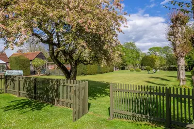 a wooden fence with a tree in a yard at Gothic House Cottage in Clare