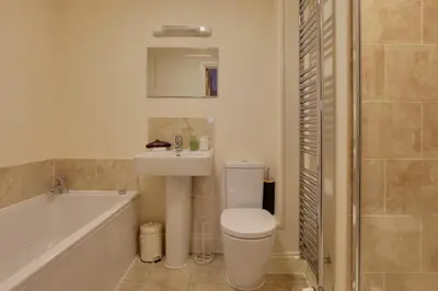 a bathroom with a toilet and a sink and a bath tub at Niche Water Tower Apartments in Braintree