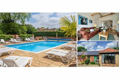 a collage of pictures of a swimming pool and a house at East Green Farm Cottages - The Granary in Saxmundham