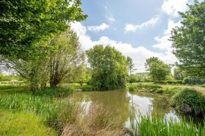 a river in a field with trees and grass at East Green Farm Cottages - Gardeners Cottage in Saxmundham