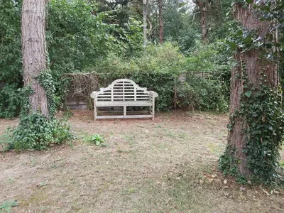a white bench sitting in a yard between two trees at Chauffeur's, Snape in Saxmundham