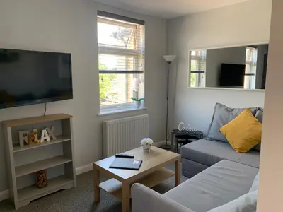 a living room with a couch and a flat screen tv at Eclipse Apartment No 4 in Newmarket