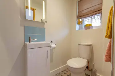 a bathroom with a toilet and a sink and a mirror at Breckland Cottage - Secluded Country Getaway in Hockwold cum Wilton