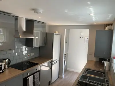 a kitchen with a white refrigerator and a sink at Eclipse Apartment No 3 in Newmarket