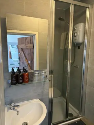 a bathroom with a shower and a sink at The Swan Inn in Monks Eleigh