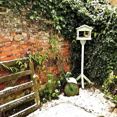 a moped parked next to a brick wall with a bird house at Melford Allotment Shed-Vintage Lodge Suffolk in Long Melford