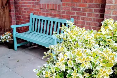 a blue bench sitting next to a brick wall at Walking distance to hospital and town with free off-road parking in Bury Saint Edmunds