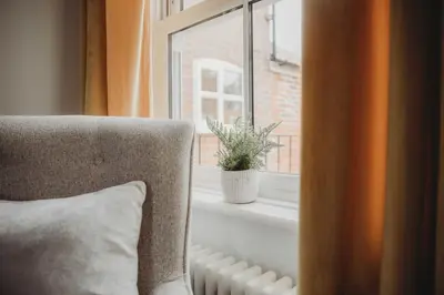 a chair sitting in front of a window with a plant at Hazel's in Leiston
