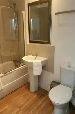 a bathroom with a sink and a toilet and a mirror at Kings Hotel in Newmarket