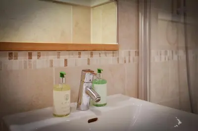 a bathroom sink with two soap bottles on it at The Marina Penthouse in Ipswich