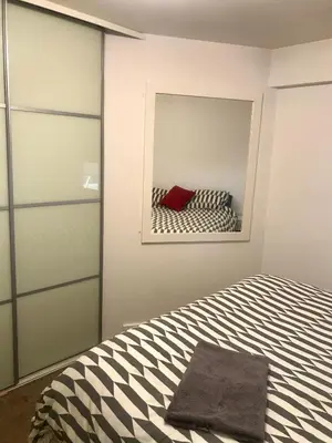 a bedroom with a bed with a mirror on the wall at 2 Bedroom 2 Double beds Kitchen 2Baths Parking in Bishops Stortford