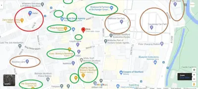 a map with circled circles on it at 2 Bedroom 2 Double beds Kitchen 2Baths Parking in Bishops Stortford