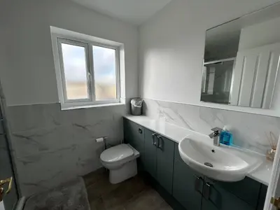 a bathroom with a sink and a toilet and a mirror at Magnolia House in Royston