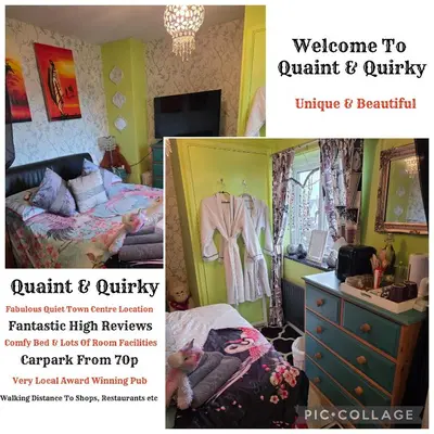 a flyer for a bedroom with a bed and a dresser at Quaint & Quirky House Colchester Town Centre in Colchester