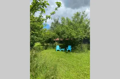 two blue chairs sitting in the grass in a yard at Gorgeous comfortable barn with huge private orchard in quiet Suffolk location in Depden