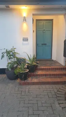 a front door of a house with three potted plants at Island Retreat with HotTub in West Mersea