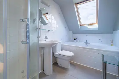 a bathroom with a sink and a toilet and a shower at The Granary, Dunstall Green in Denham