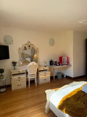 a bedroom with a bed and a desk and a mirror at Barnfields Retreat in Little Clacton