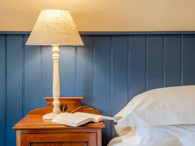 a lamp on a bedside table with a book at Little Crown in Winfarthing