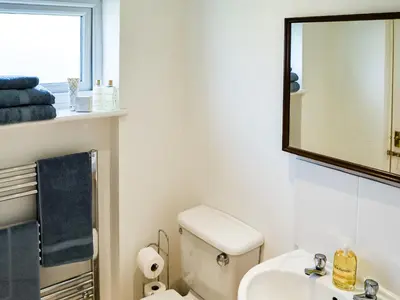 a bathroom with a toilet and a sink and a mirror at The Bothy in Hockham