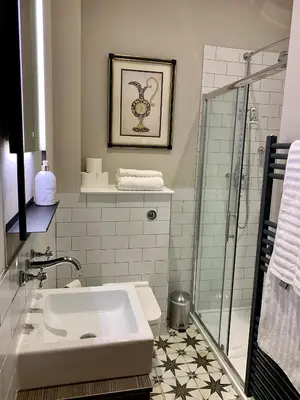 a bathroom with a sink and a shower at Oddfellows Hall in Thetford