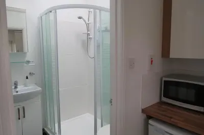 a bathroom with a shower and a toilet and a television at The Old Stables, Whitehall Farmhouse, Oakington in Cambridge