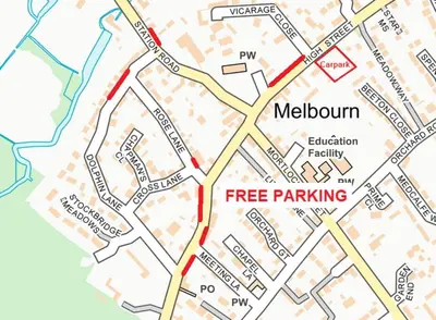 a map of melbourne showing fire parking at Entire Thatched Cottage in Melbourn