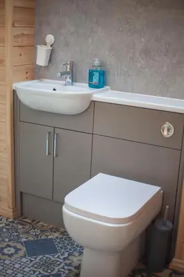 a bathroom with a white toilet and a sink at Wildflower Meadow Cabins in Whitington