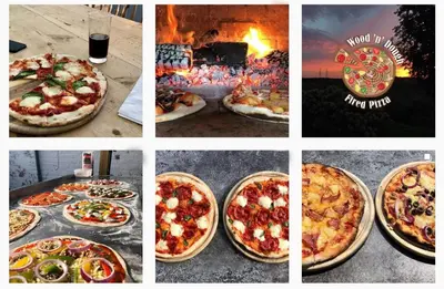 a collage of pictures of pizzas and a fire at Beach Lodge - Aldeburgh Coastal Cottages in Sizewell