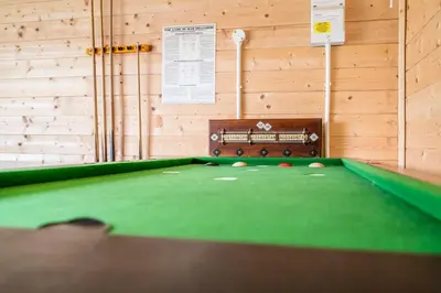 a billiard room with a green pool table at Sage Shepherds Hut Boundary Farm, Framlingham in Woodbridge