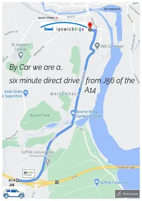 a map of the six minute direct drive from jos at Victorian Terrace Old Stoke - With Self Check In and Free Parking - Rooms at ipswichdigs in Ipswich