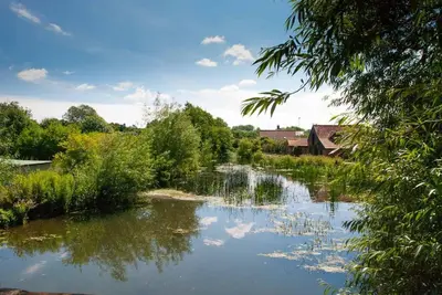 a river with trees and a house in the background at Meddlars a historic cottage on the countryside edge of a vibrant Market Town in Hadleigh