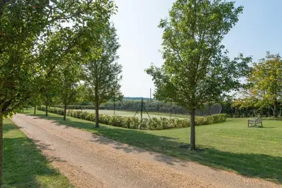a dirt road in a park with trees and a bench at The Old Steam Mill, luxury, spacious, beautiful grounds, stunning location in Hartest