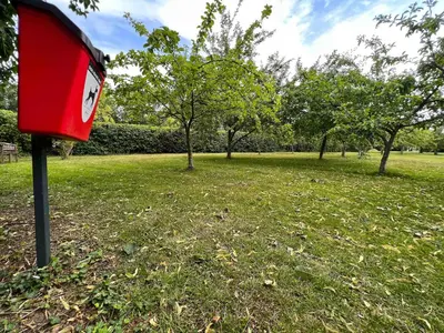 a red bird feeder in a field with trees at Dons Barn a Stunning cottage just a walk across the fields to a great pub in Edwardstone