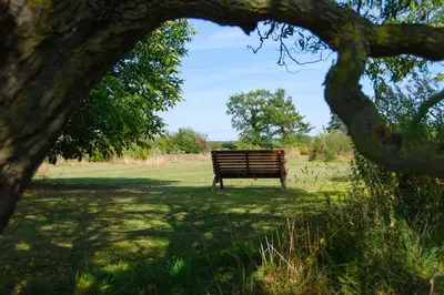 a park bench sitting in the middle of a field at The Bakery a honeymooners favourite cosy stylish with lovely walks and pubs in Edwardstone