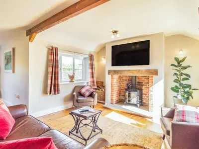 a living room with a couch and a fireplace at The Croft in Thetford