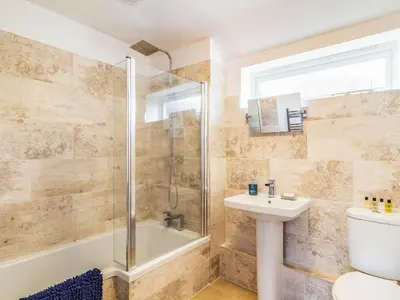 a bathroom with a shower and a toilet and a sink at The Croft in Thetford