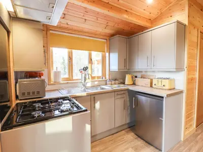 a kitchen with white cabinets and a stove top oven at Buttercup Lodge in Leiston