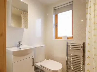 a bathroom with a toilet and a sink and a window at Buttercup Lodge in Leiston