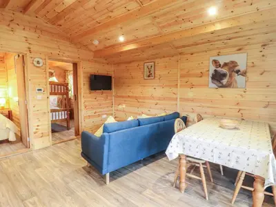 a living room with a blue couch and a table at Buttercup Lodge in Leiston