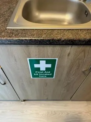 a sink and a drawer with a sticker on it at La Casa Greenaway in Jaywick Sands