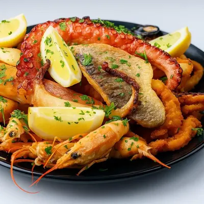 a plate of food with fish and shrimp and french fries at The Fox Inn in Matching
