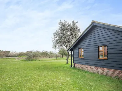 a black house with a grass yard next to it at Meadowview Cottage in Saint Osyth