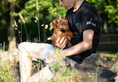 a boy sitting on a rock holding a small dog at City to Country Retreat Luxury Cottage with Hot Tub in Toppesfield