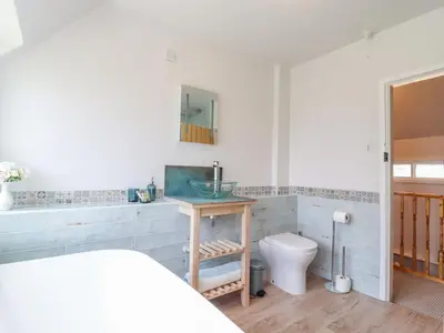 a bathroom with a sink and a toilet at Bluebird Cottage in Higham