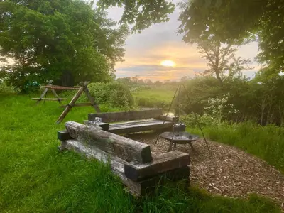 a bench sitting in the grass with a swing at The Water Shack - Amazing tiny house retreat in Woodbridge